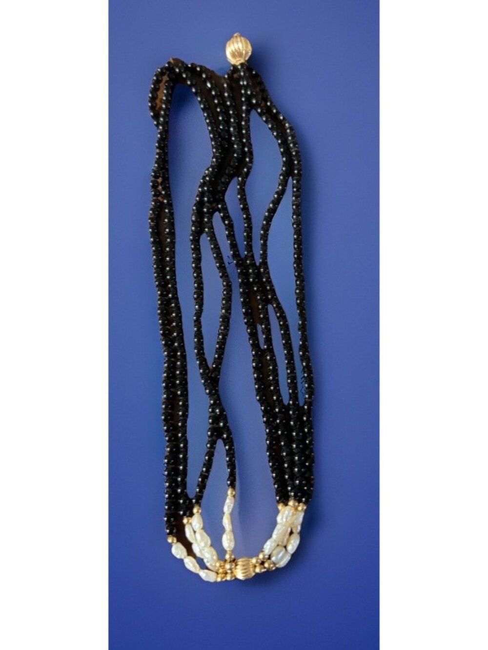 Vintage 14K Gold Clasp Black & White Pearl Multi-Strand Necklace